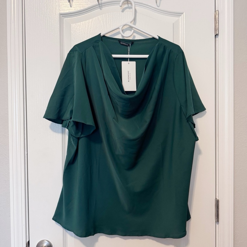 NWT Bloomchic Women's Satin Cowl Neck Green Blouse